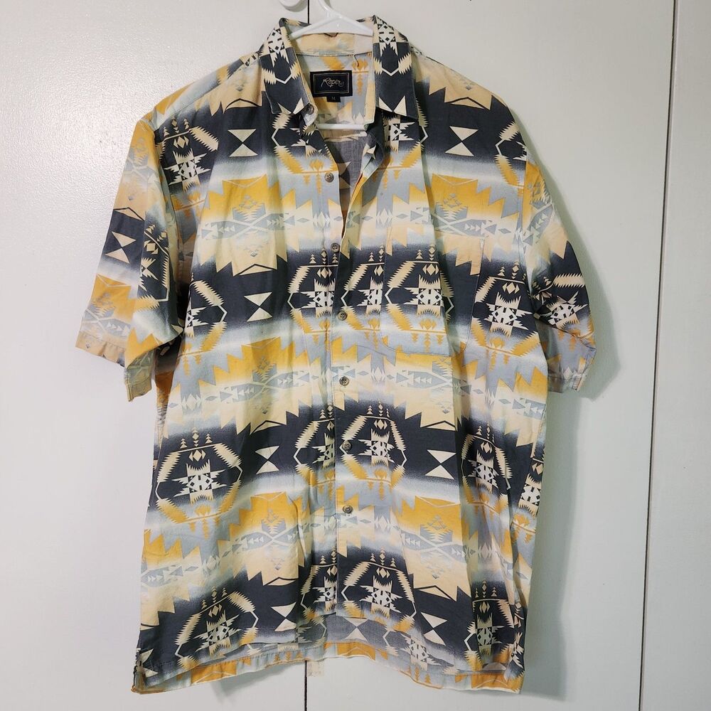 Roper Mens Medium Western Shirt Aztec Southwestern Geometric Print Short Sleeve